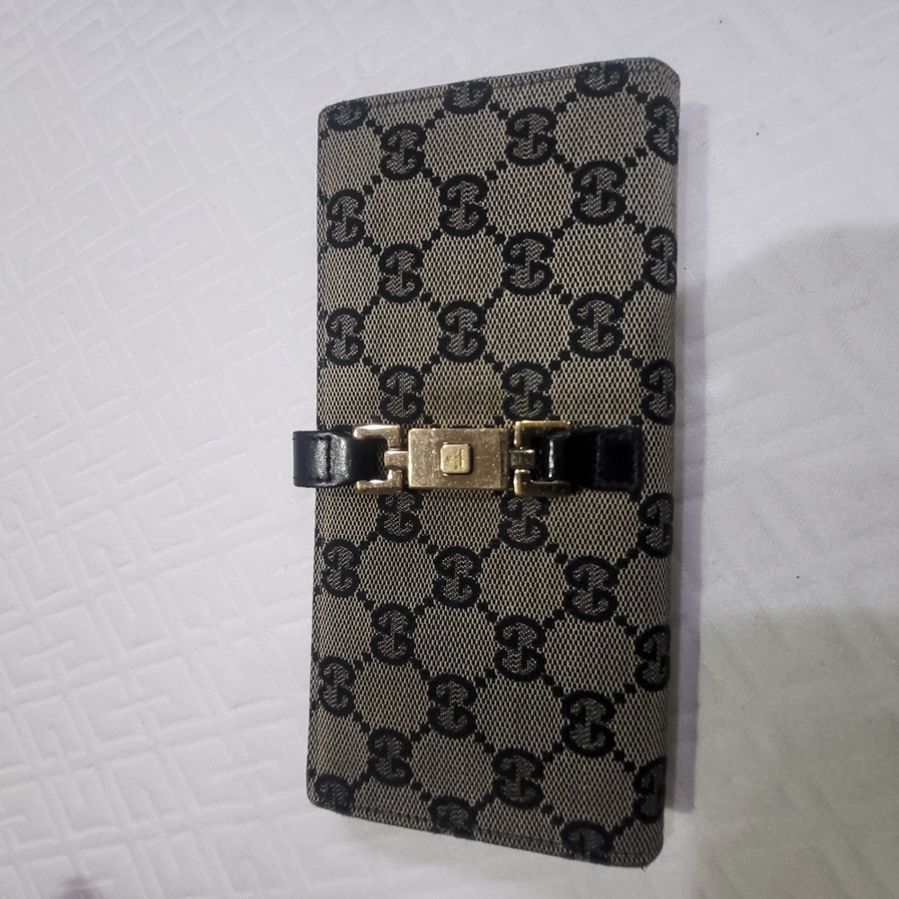 GUCCI Jackie GG Canvas Leather Bi-fold Long Wallet Black Italy